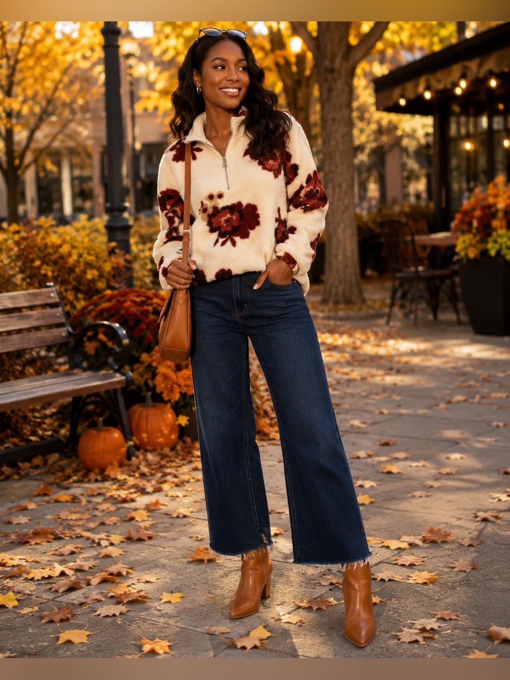 LOFT | Cream Sherpa Fleece Zip Pullover with Red Floral Print